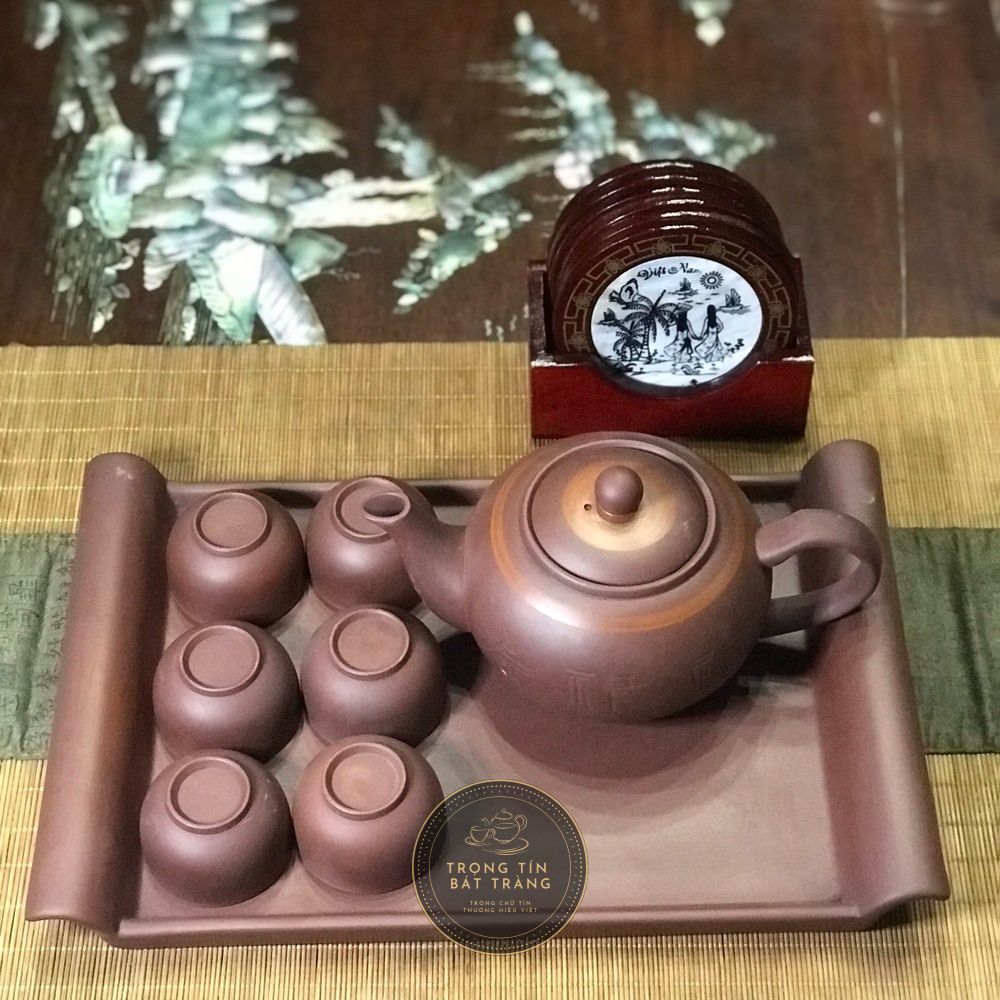 Bộ ấm chén trà đạo tử sa bát tràng khắc phúc lộc thọ dáng thủy bình dung tích 420ml abtth 16