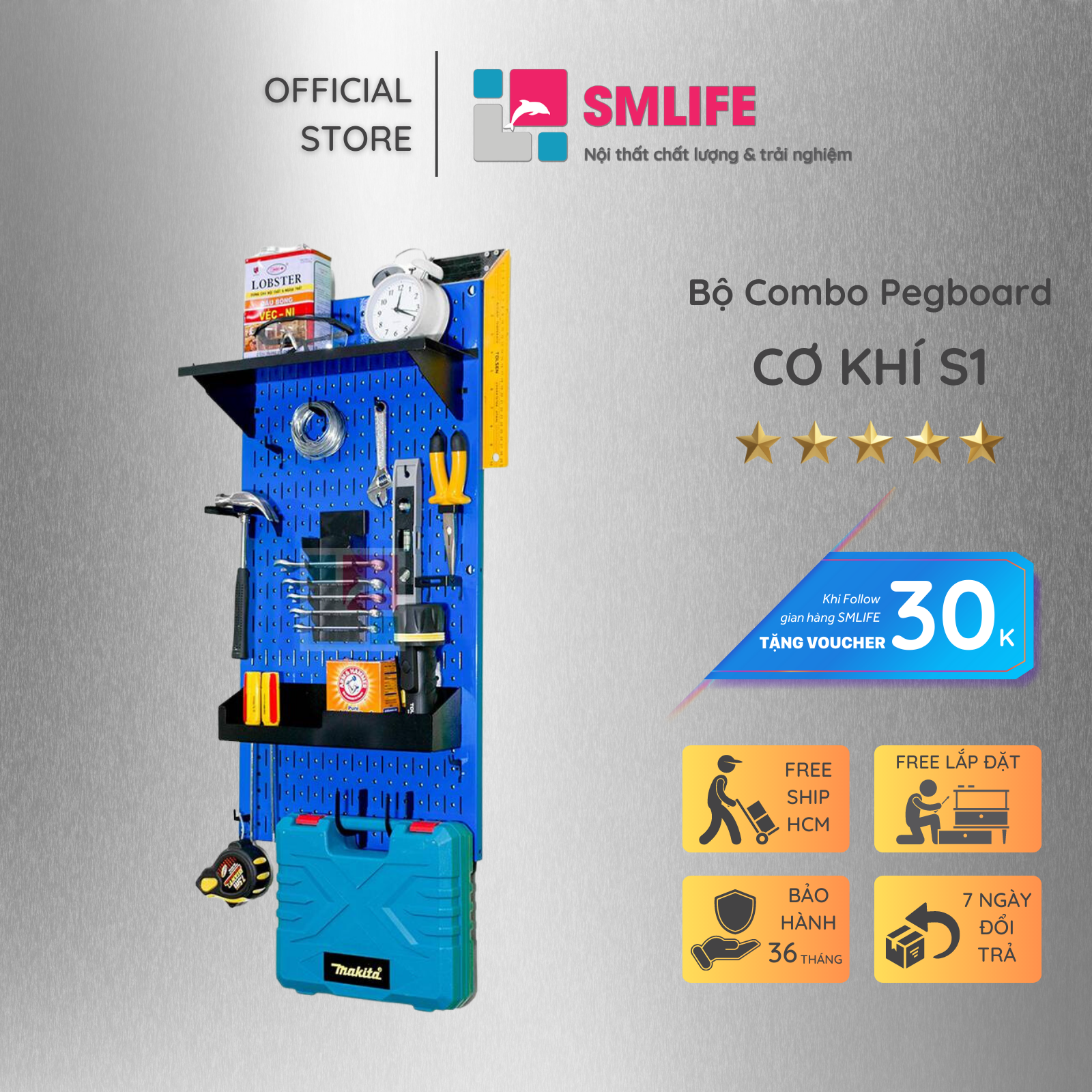 Bảng treo dụng cụ smlife pegboard cơ khí s1 – blue