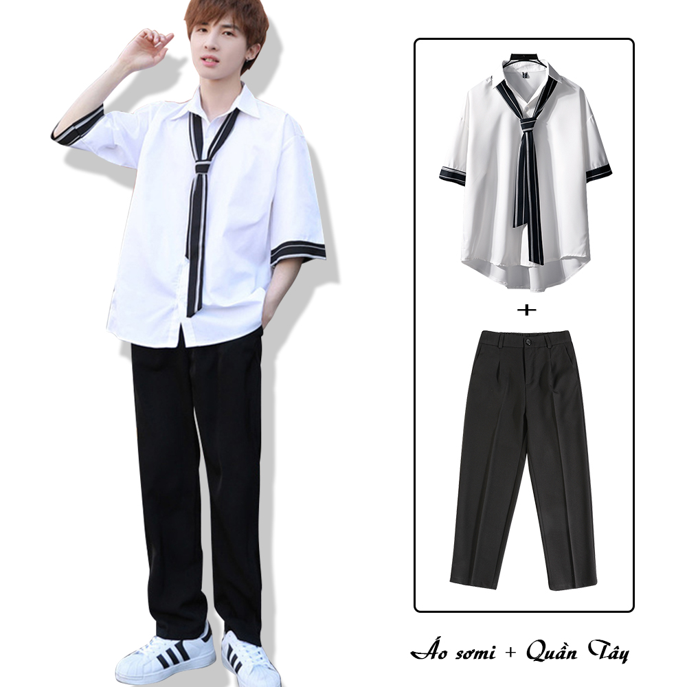 Combo Áo Sơ Mi Nam Trơn Basic Phối Cà Vạt Kết Hợp Quần Tây Âu Chinos Dáng Baggy Phong Cách Hàn Quốc Thanh Lịch FASHION4MENHCM SOMI 15C + JOGGER 63C