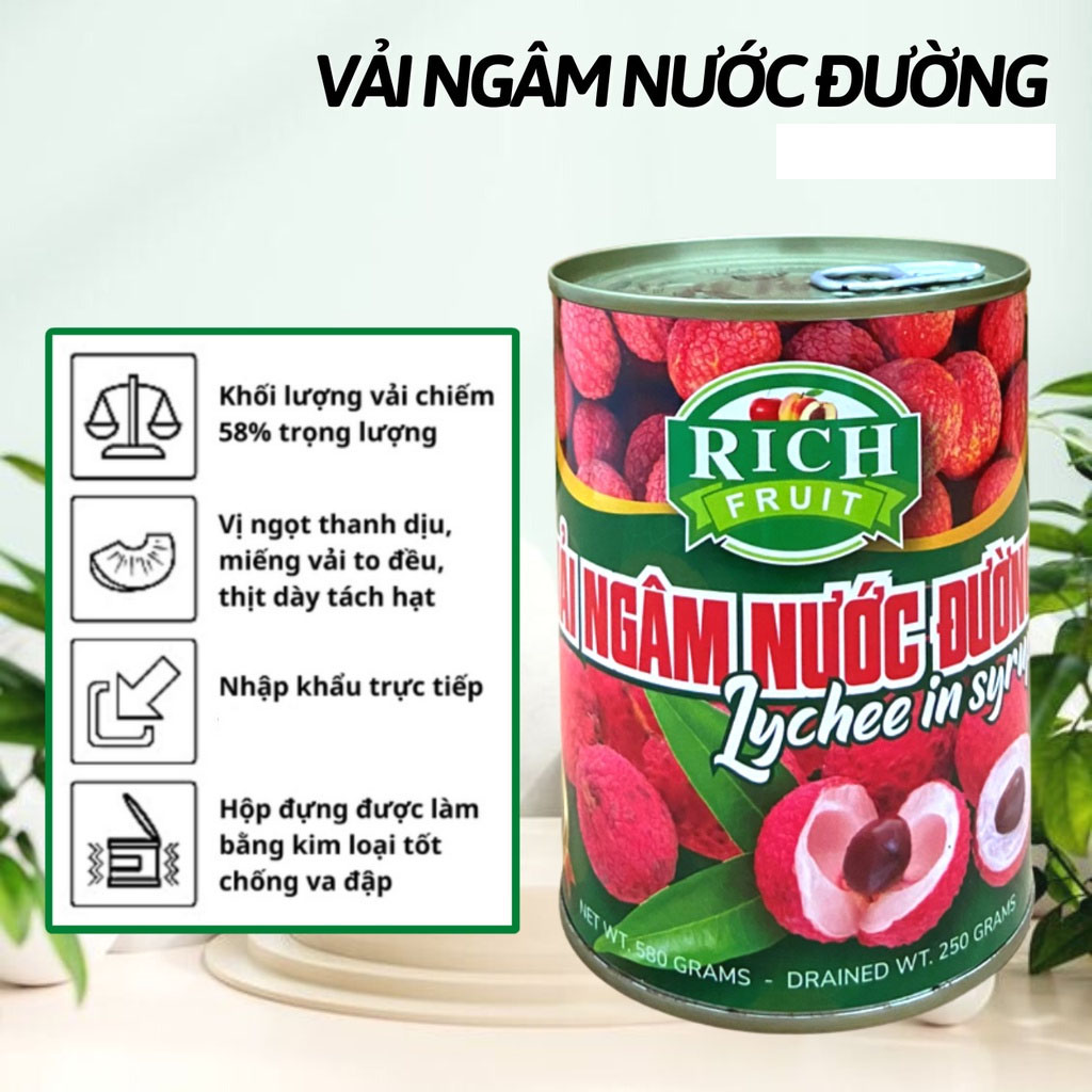 Vải ngâm đường Rich - Lon 565gr