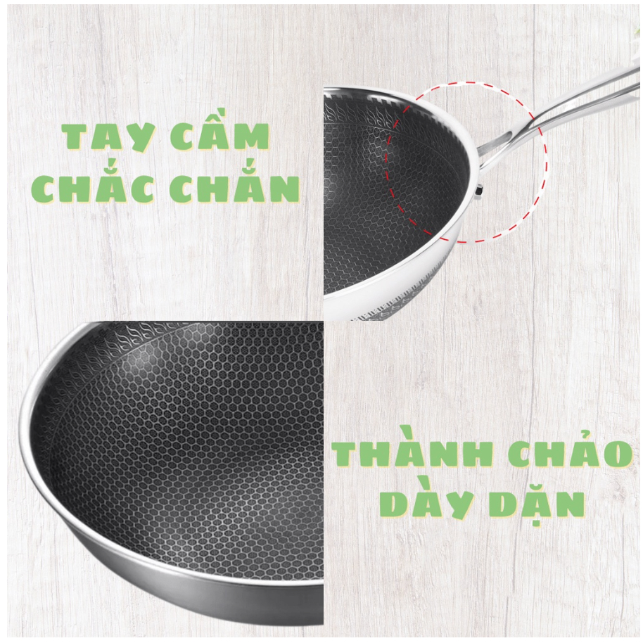 Chảo Chống Dính 5 Lớp Inox 304 Vân Tổ Ong 28cm Đáy Sâu 6cm, Cùng Đươc Các Loại Bếp Tiện Lợi Cho Gia Đình