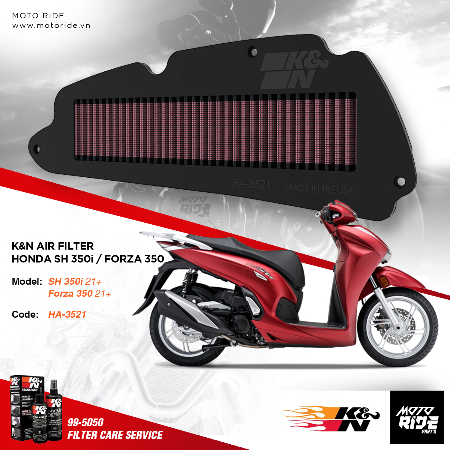 K&n ha-3521 lọc gió cho honda sh350i / forza 350 / adv 350 2021+