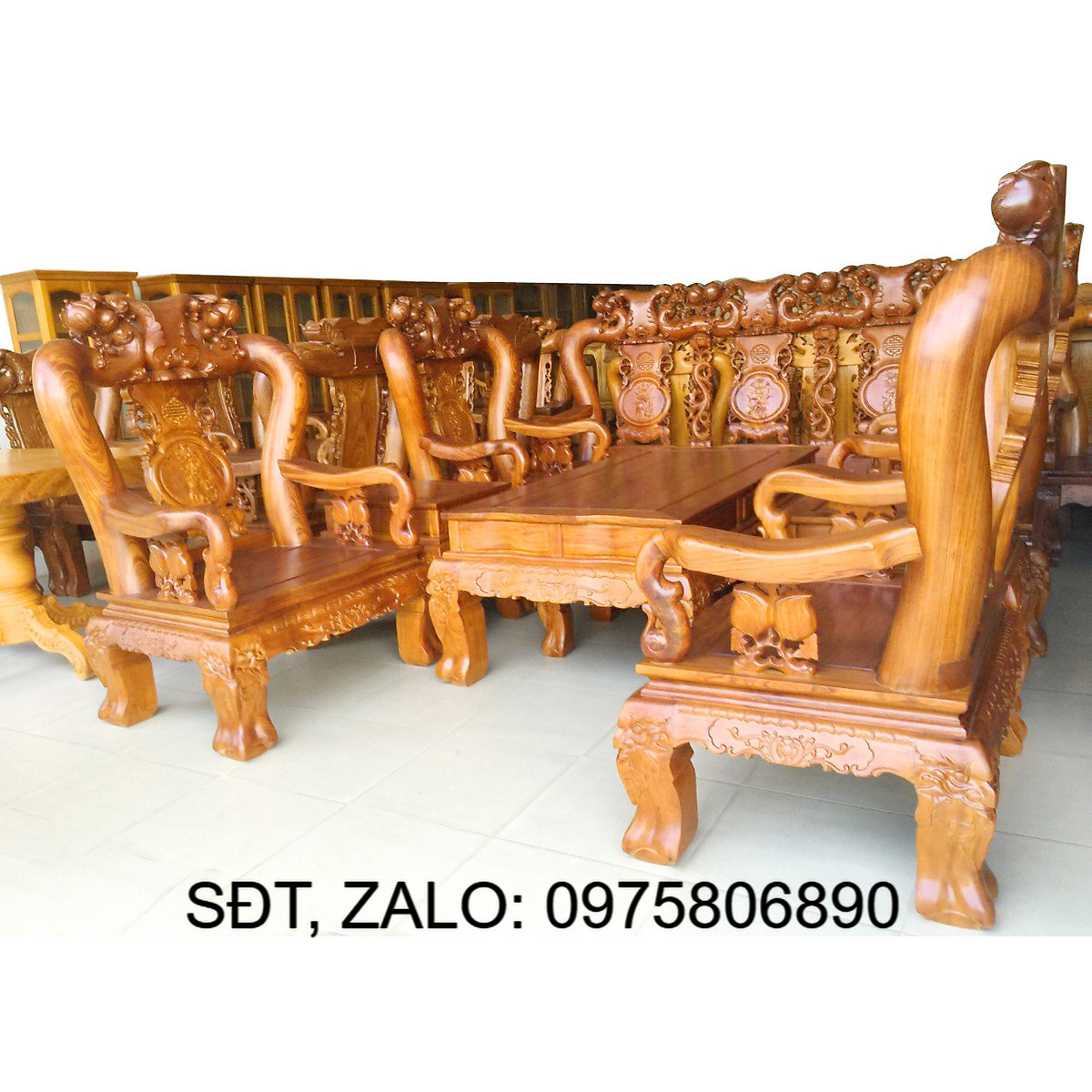 Bộ sofa phòng khách 6 món gỗ gõ tự nhiên tay 10