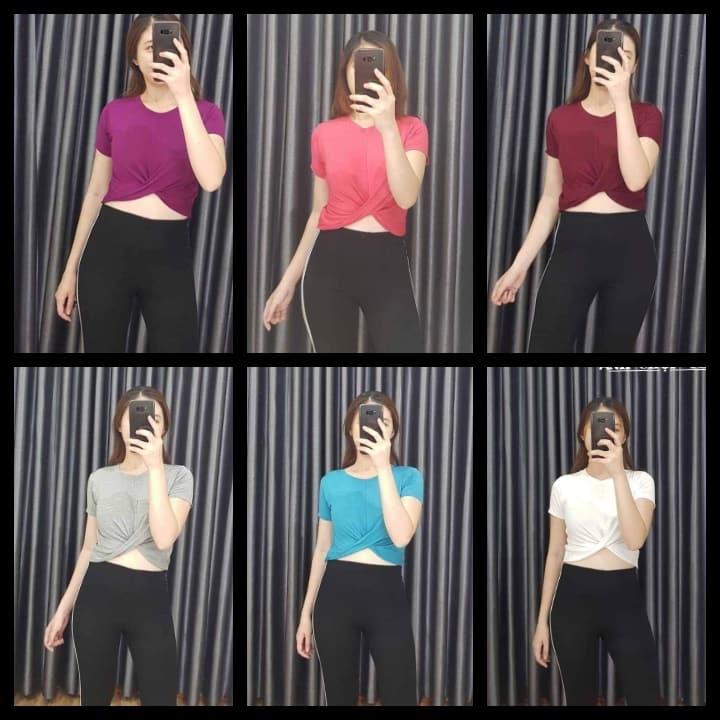Áo thun lụa croptop xoắn bụng