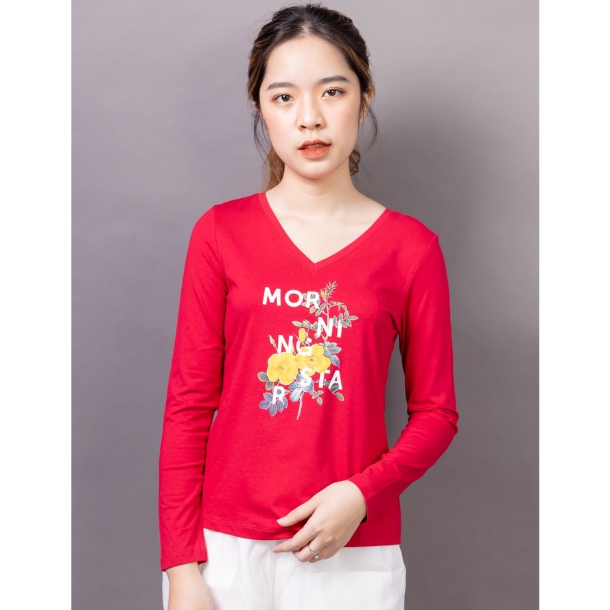 Áo thun dài tay, cổ v, in hoa nữ tính emspo atl0181