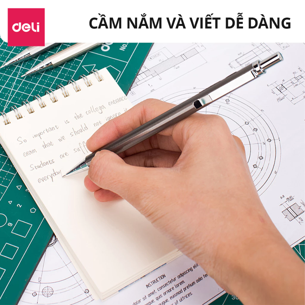 Bút chì kim bấm kỹ thuật 0.5mm/0.7mm Deli kèm đầu tẩy thân kim loại chắc chắn, chống hao mòn