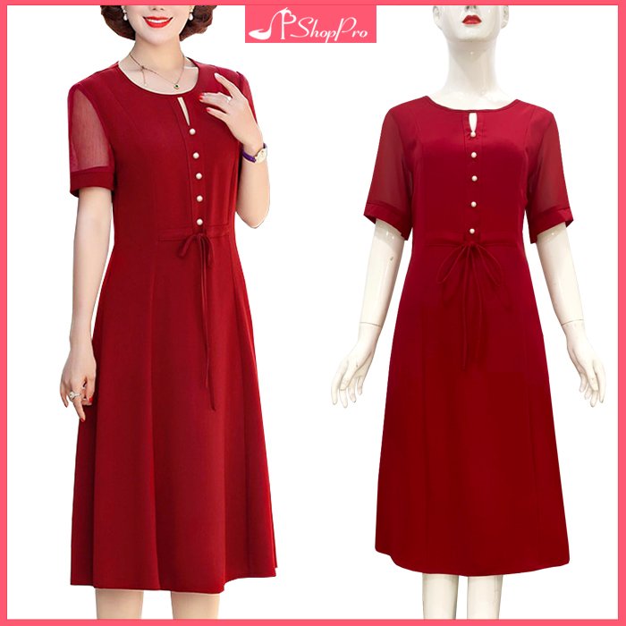SHOPPRO - Đầm Xòe Dáng Dài Tuổi Trung Niên Kiểu Đầm Dự Tiệc Trung Niên Dáng Xòe Cao Cấp Cột Nơ Eo - Đầm Trung Niên U50-60 3328