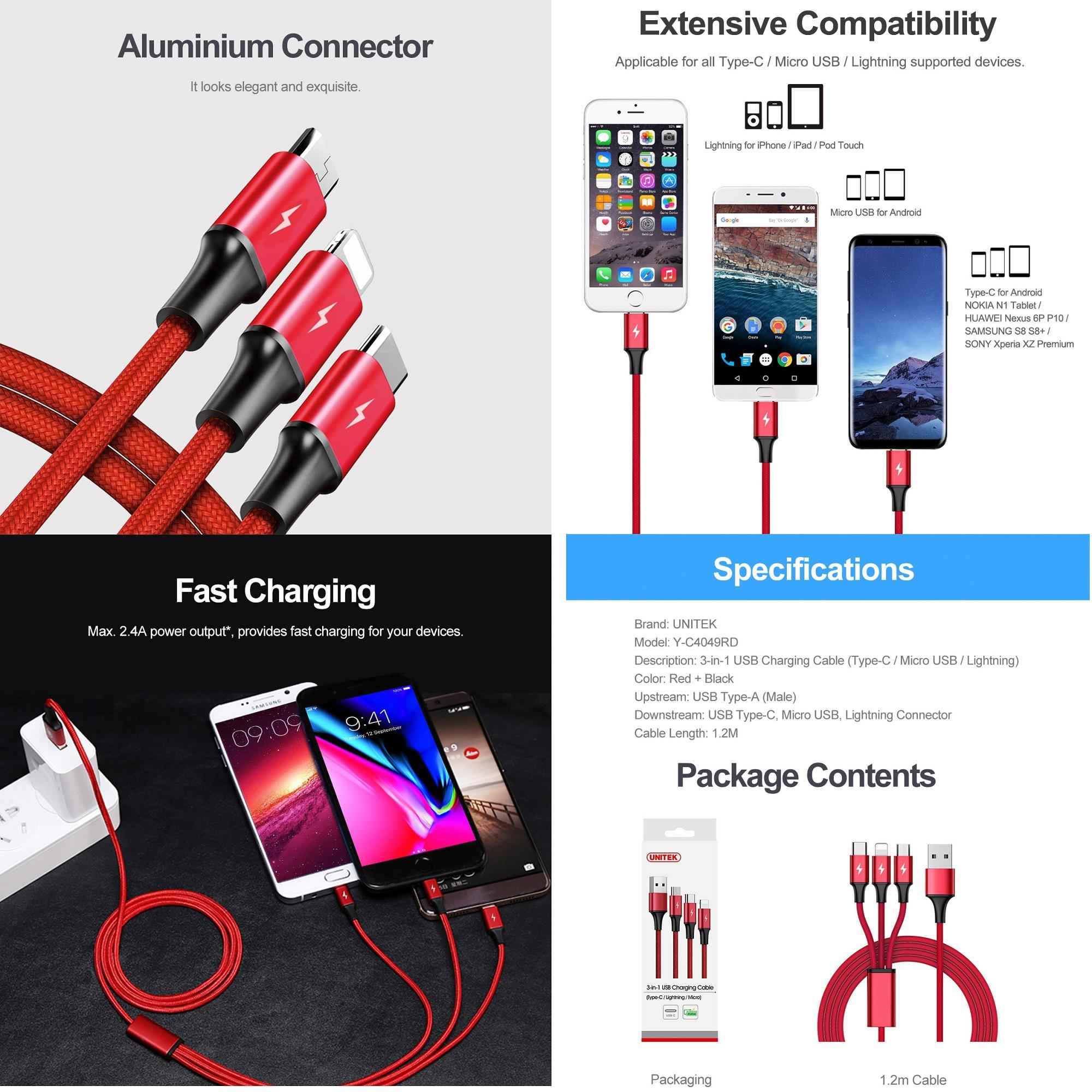 Cáp sạc 3 đầu microUSB/Lightning/Type-C Unitek C4049RD dài 1.2m - bọc dù chống đứt (Đỏ) - Nhất Tín Computer