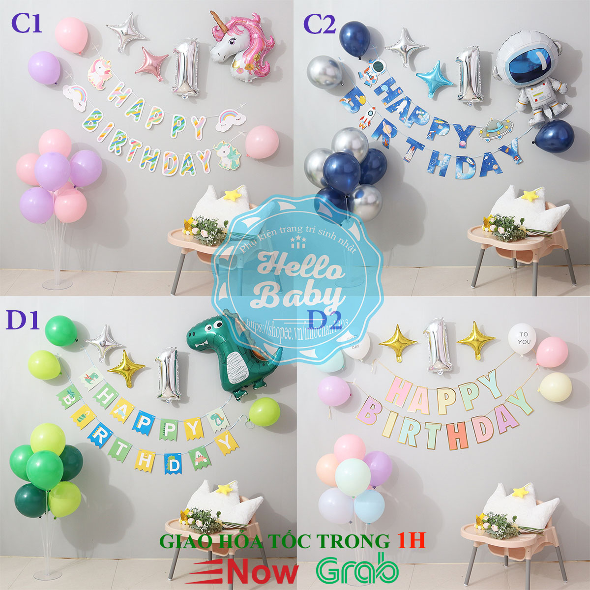Set bóng trang trí sinh nhật nhiều chủ đề cho bé (Bơm + Băng Keo + Trụ Bóng)
