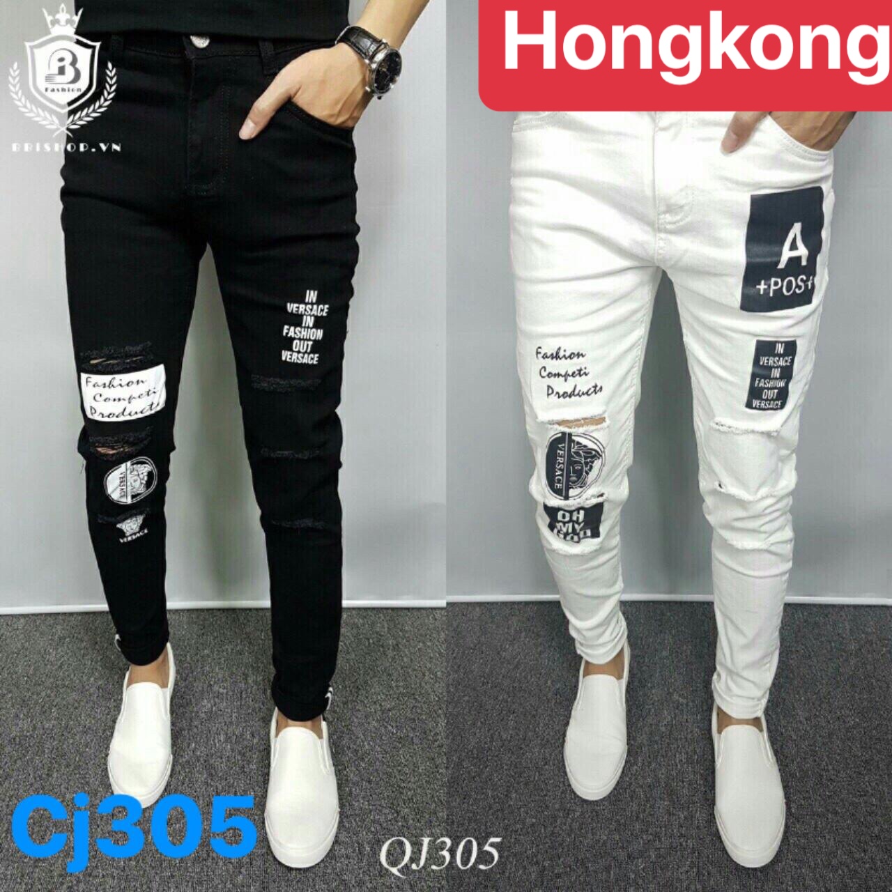 QUẦN JEAN NAM CHẤT BÒ TRẮNG ĐEN IN CHỮ QUẢNG CHÂU, CO GIÃN NHẸ CAO CẤP HOT TREND HÈ 2023 - HONG KONG FASHION