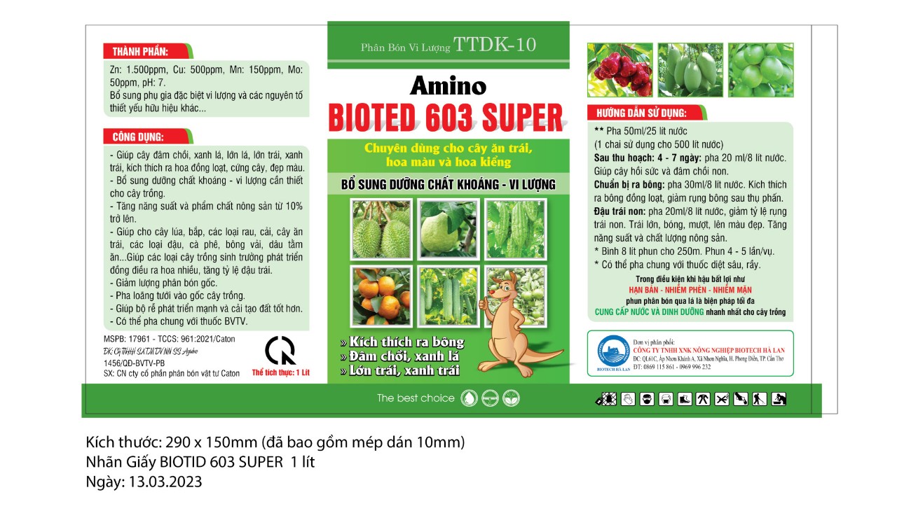 (VTNN Gia Thanh) Phân bón vi lượng Amino Bioted 603 Super - KL:1 Lít