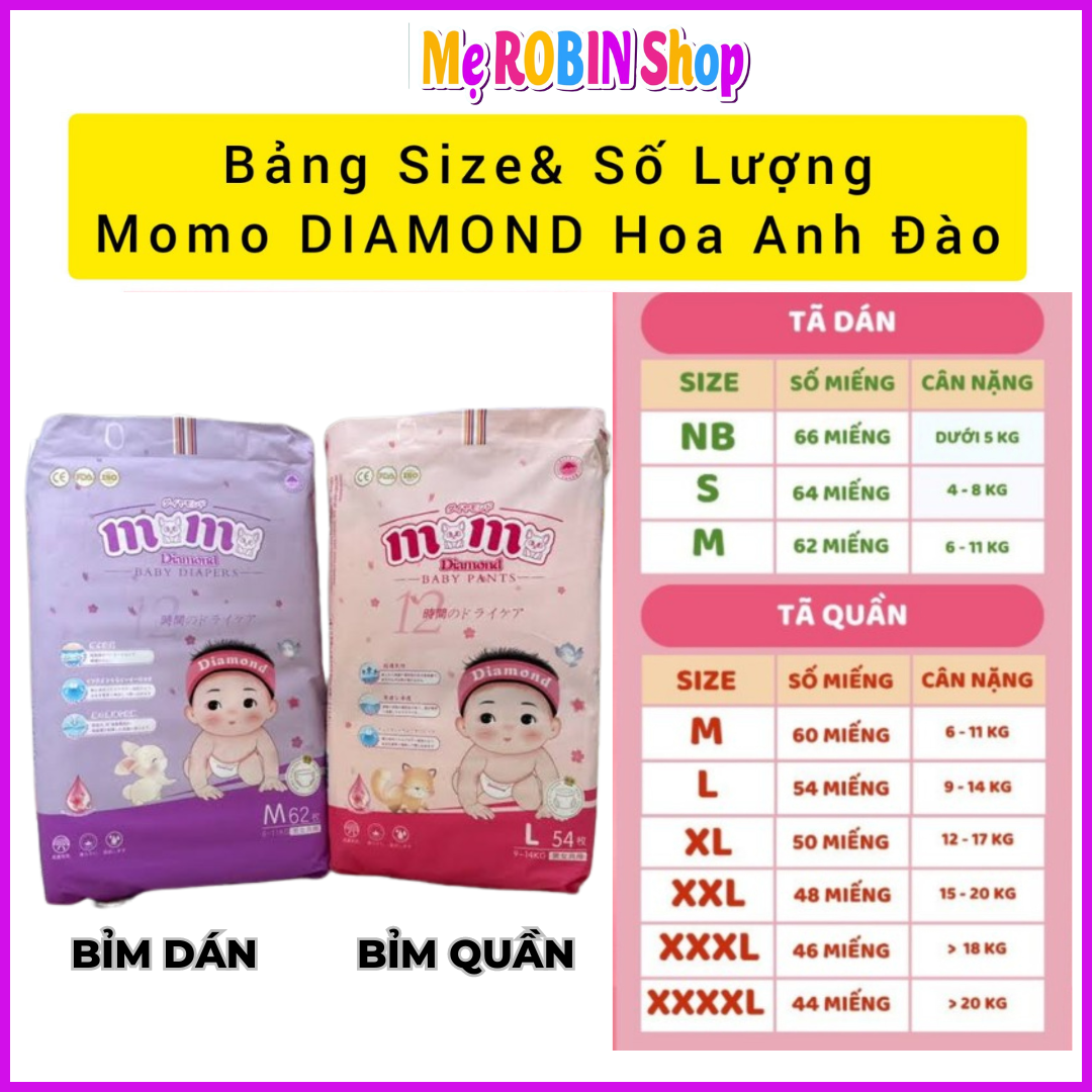 [Dùng Thử Là Ưng] Lẻ 1 Miếng Bỉm Tã Dán/Quần Momo DIAMOND (Tinh Chất Hoa Anh Đào Chống Hăm)