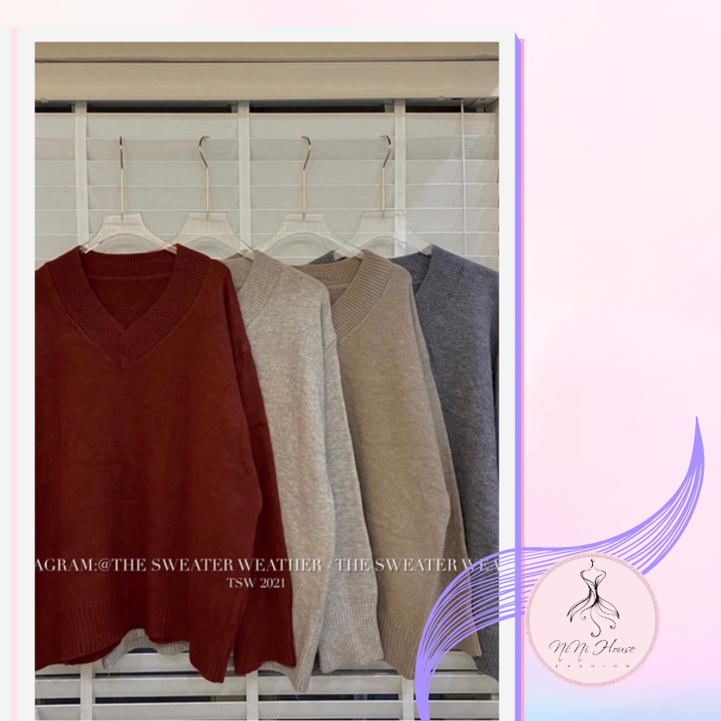 Áo len trơn cổ tim form rộng