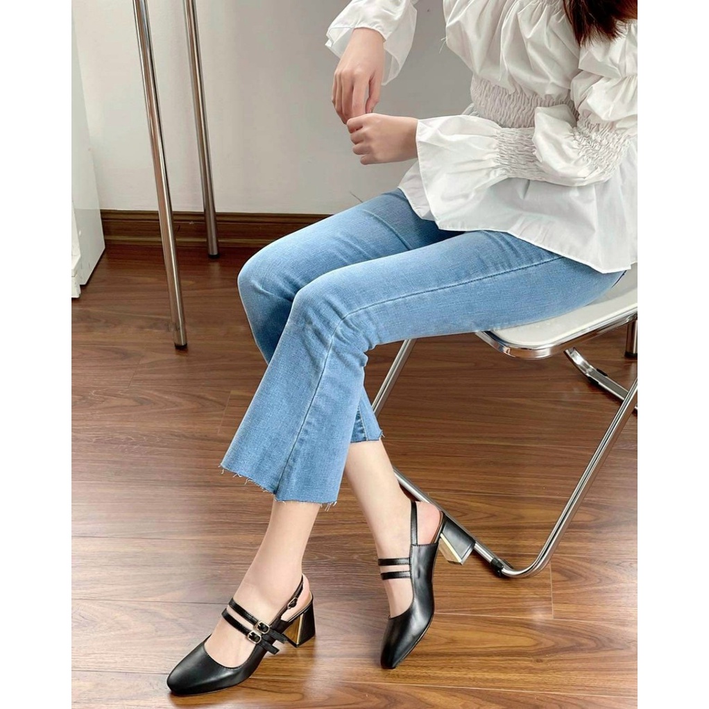 Cao gót 5 phân, sandal nữ dép nữ 2 dây gót phối bạc cao cấp