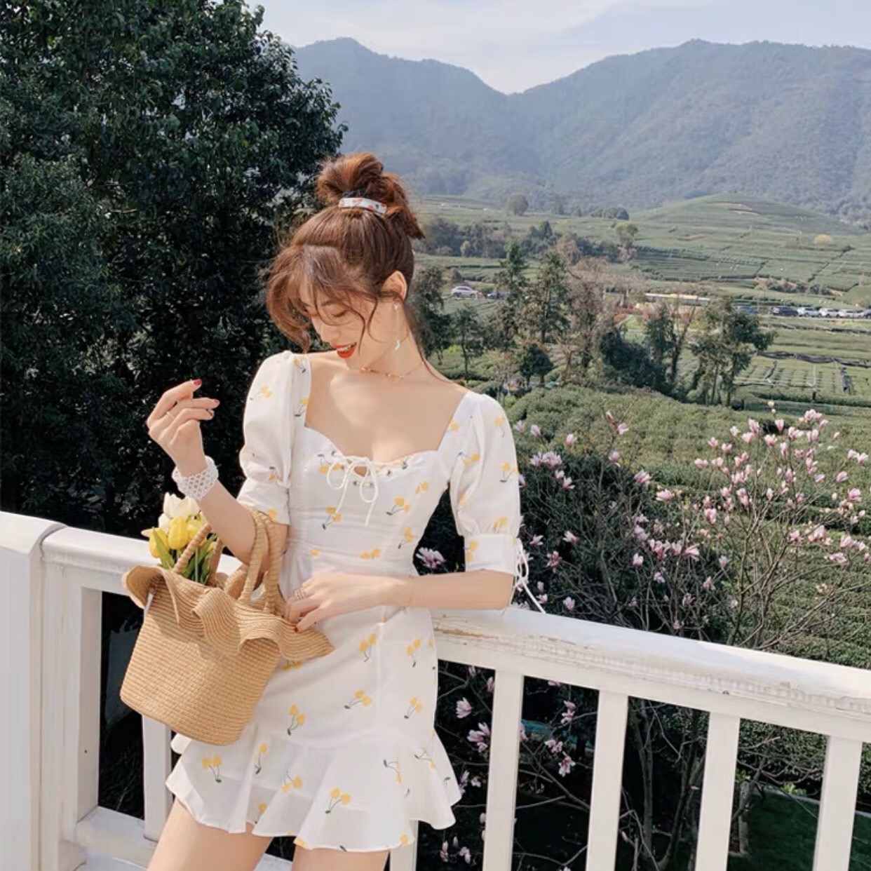 [HCM]Sleeveless dress Cherry Fishtail Knit Bust, Sleeveless, Thick Bow - DX532