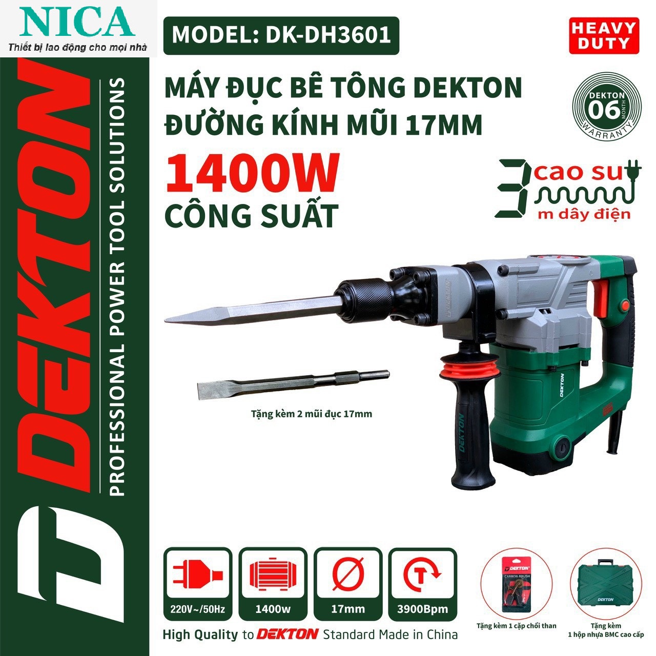 Máy đục bê tông dekton dk-dh3601 - công suất 1400w - tặng kèm 2 mũi đục 17mm - hộp kim loại đựng máy