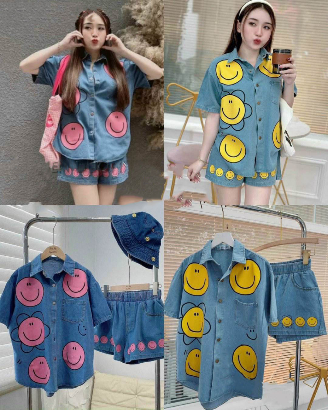 Set jean sơ mi mặt cười cute form rộng xinh