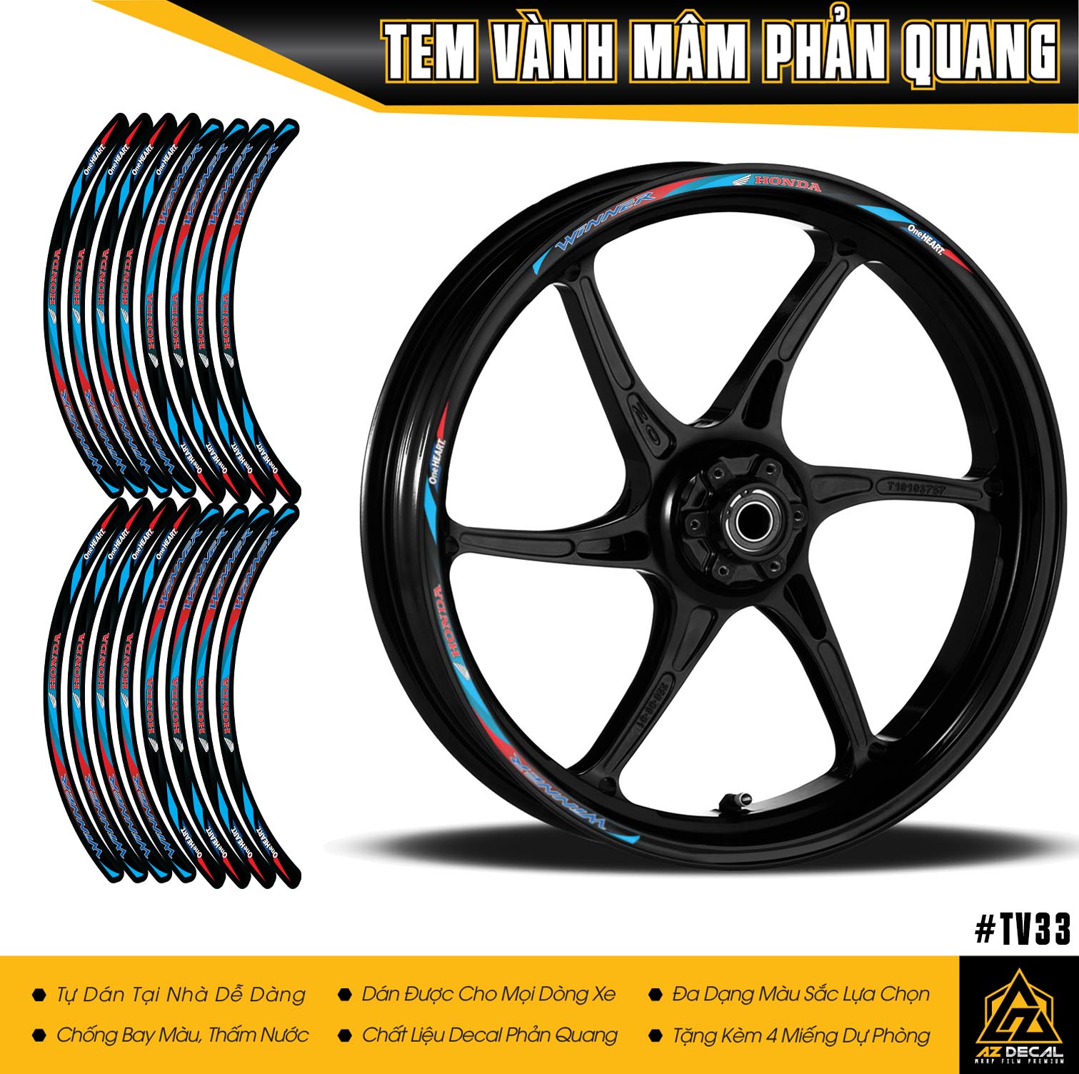 Tem Vành Phản Quang Cho Xe Winner TV33 Decal Dán Mâm Xe Chất Liệu Chống