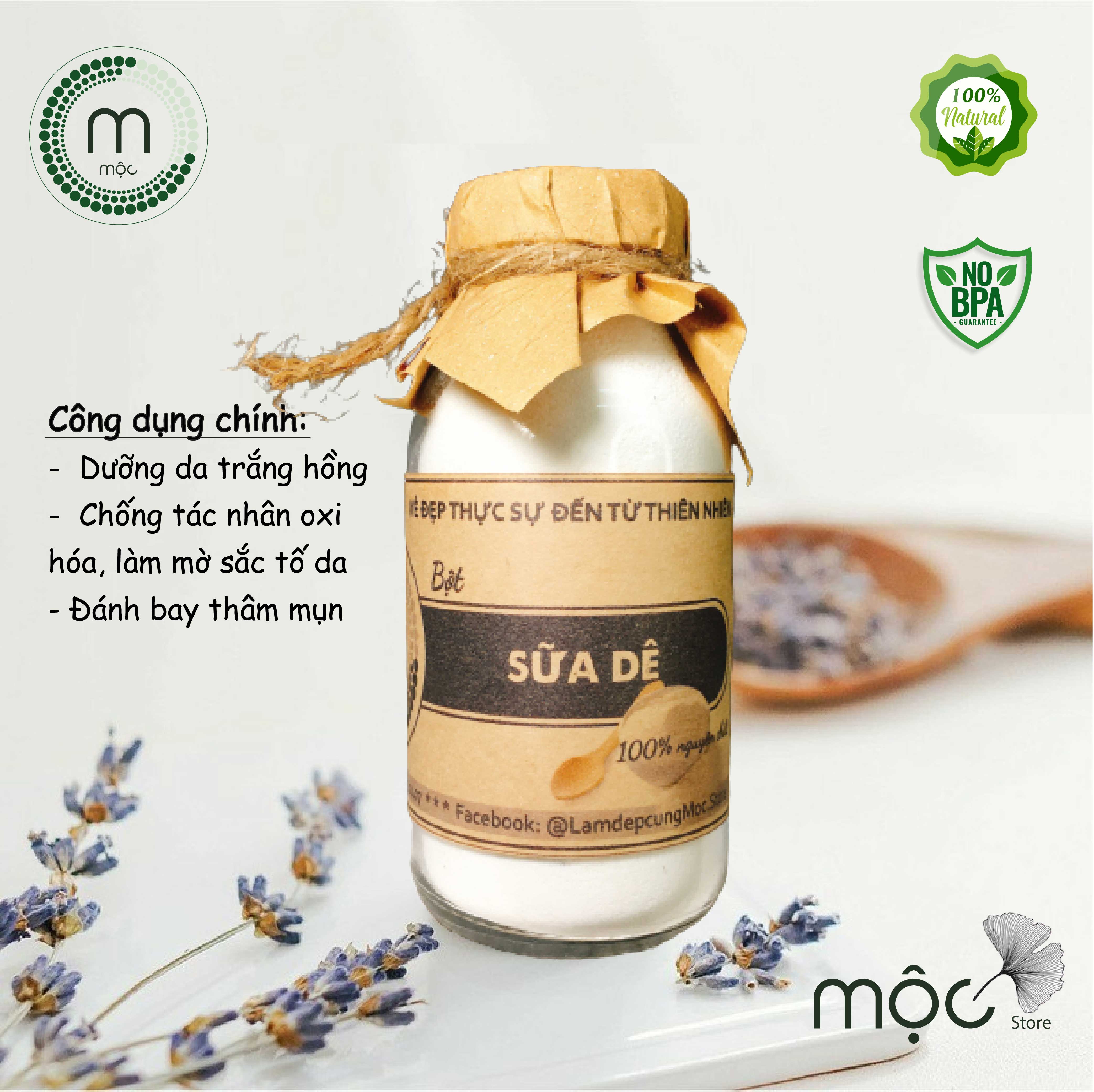 Bột sữa dê nguyên chất đắp mặt nạ MỘC - dưỡng ẩm, trắng da, giúp da mịn màng, chống lão hóa túi dùng thử 10g, chai 100ml và 200ml handmade
