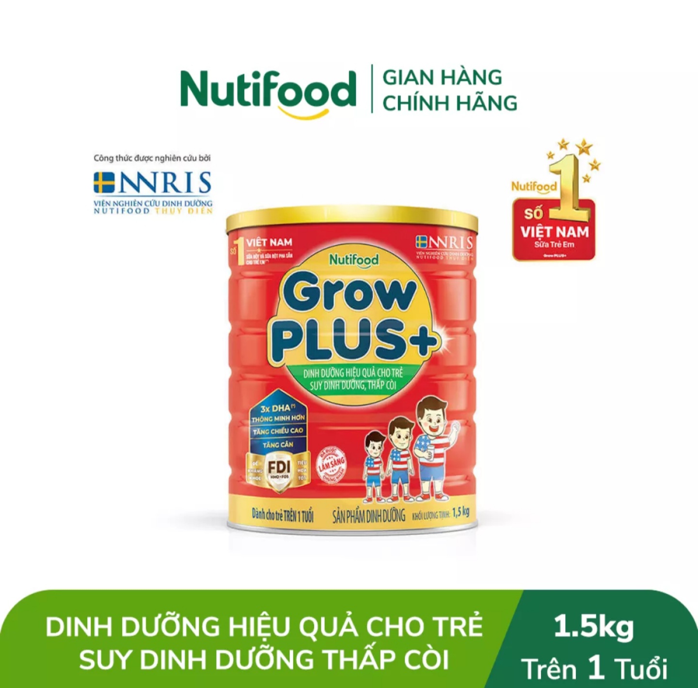 (HSD T1-2028) (Mẫu Mới) Sữa Bột Nutifood Grow Plus+ Đỏ 1+ Hộp 1,5kg (Cho Trẻ Từ 1-2 Tuổi).