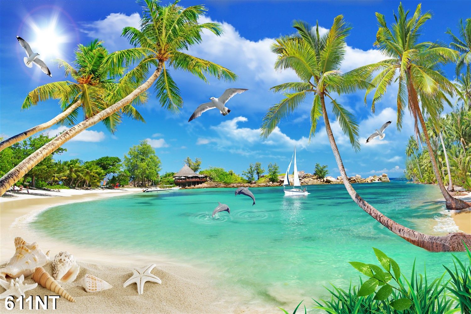 TRANH DÁN TƯỜNG 3D PHONG CẢNH BIỂN ĐẸP 611NT- TRANH DÁN TƯỜNG BÃI BIỂN BỜ CÁT