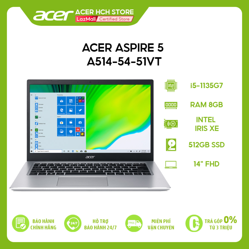 [VOUCHER 10% + 1TR ÁP DỤNG TOÀN SẢN PHẨM] Laptop Acer Aspire 5 A514-54-51VT i5-1135G7 | 8GB | 512GB | Intel Iris Xe Graphics | 14 FHD | Win 10