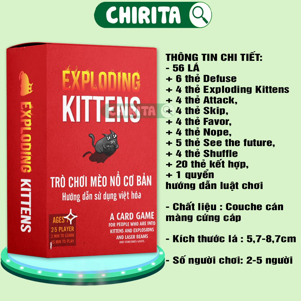 Combo Mèo Nổ - Full 6 Bản Mèo Nổ Tiếng Việt Mở Rộng - Mèo Nổ Việt Hóa Đủ Phiên Bản -Bộ Bài Mèo Nổ giấy cứng chống nước Boardgame Exploding Kittens CHIRITA