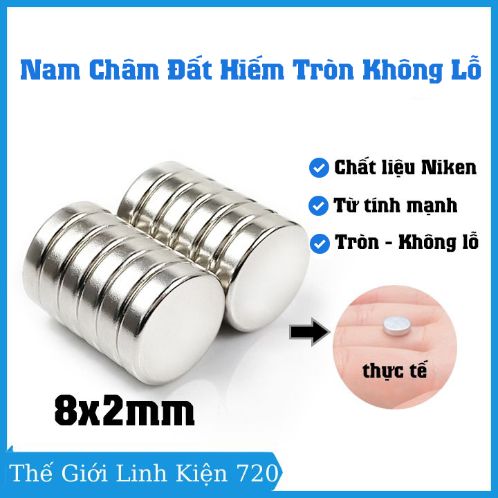 Nam châm vĩnh cửu tròn không lỗ kích thước 8x2mm, nam châm trắng từ tính siêu mạnh