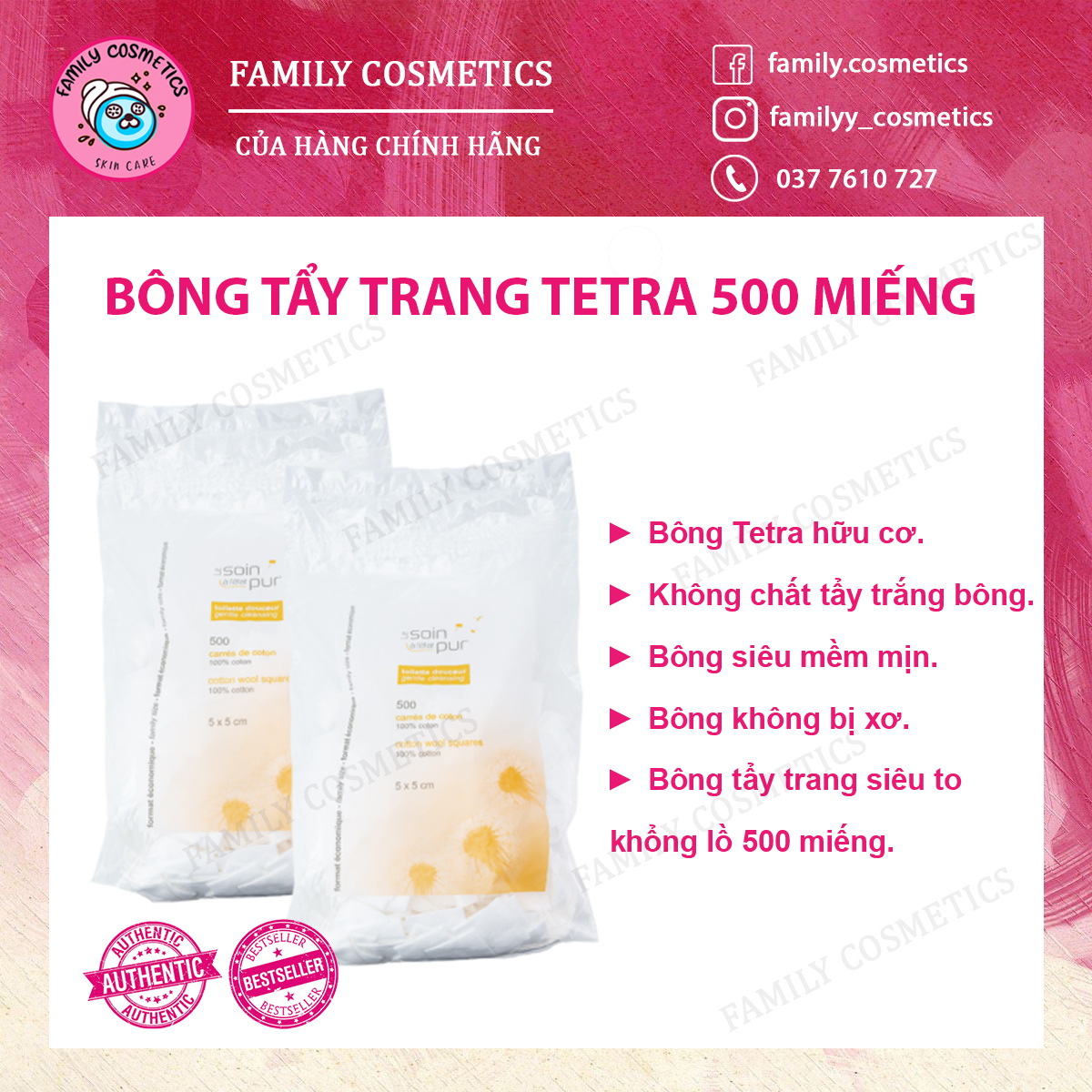 Bông Tẩy Trang TETRA 500 Miếng Pháp