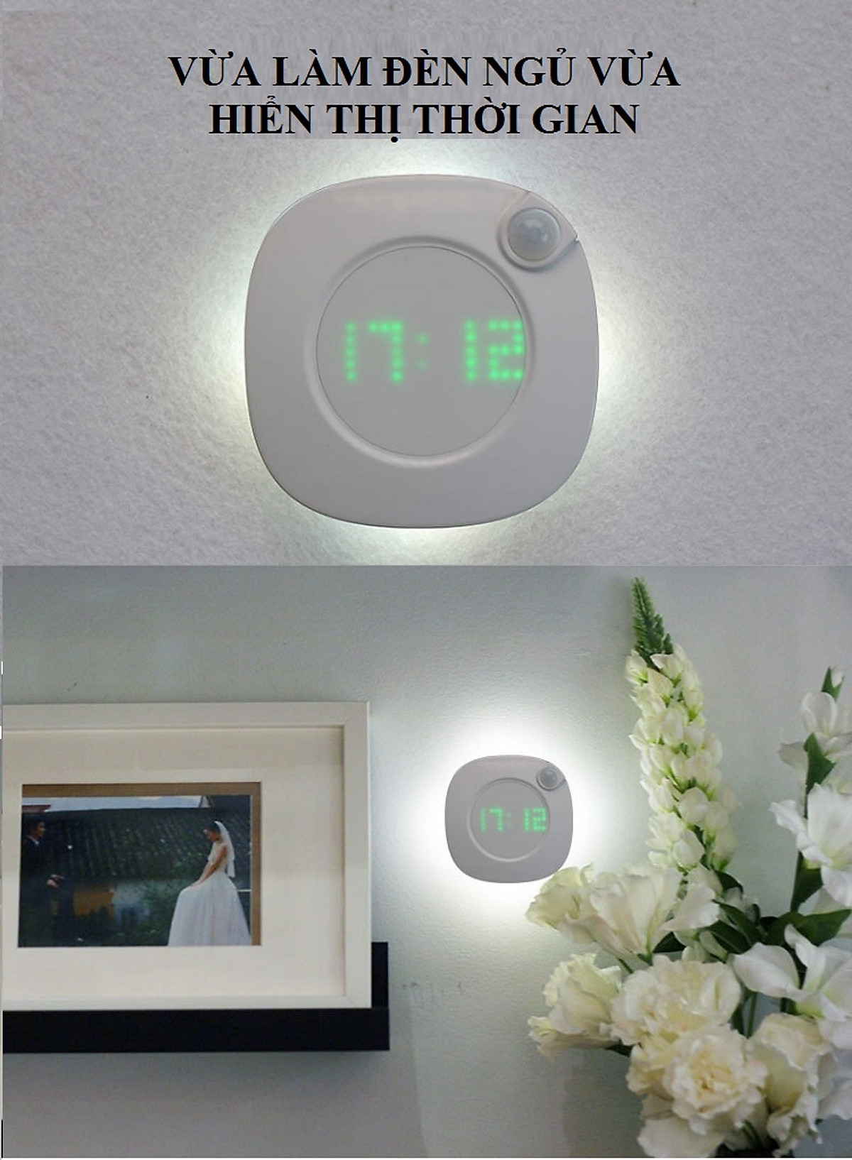 Đèn Led cảm ứng kiêm Đồng hồ mini (dán tủ, tường, phòng ngủ, nhà tắm, nhà vệ sinh...)