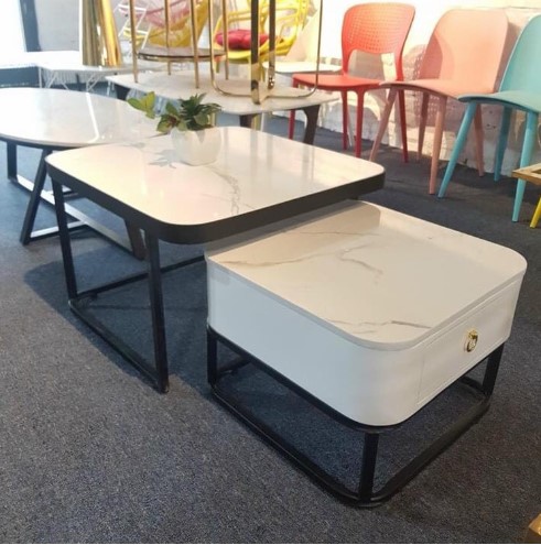 Cặp bàn trà sofa vuông, mặt đá 3D, có ngăn kéo