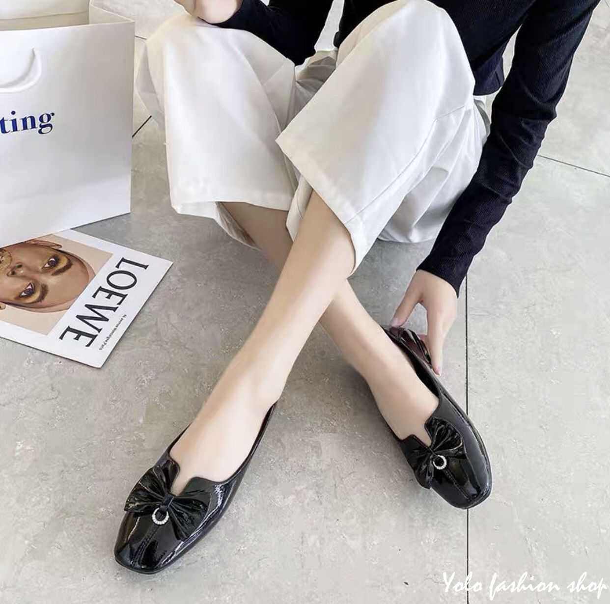 [4.4 Hoàn tiền 15%]Giày bệt búp bê nữ mũi vuông da bóng đính nơ xinh xắn da mềm êm chân - B23