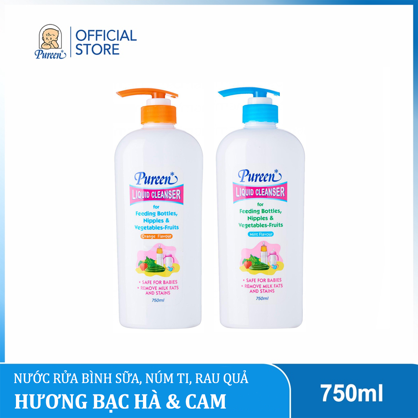 Nước rửa bình sữa, núm ty & rau củ Pureen hương Cam - An toàn cho Bé - 750ml