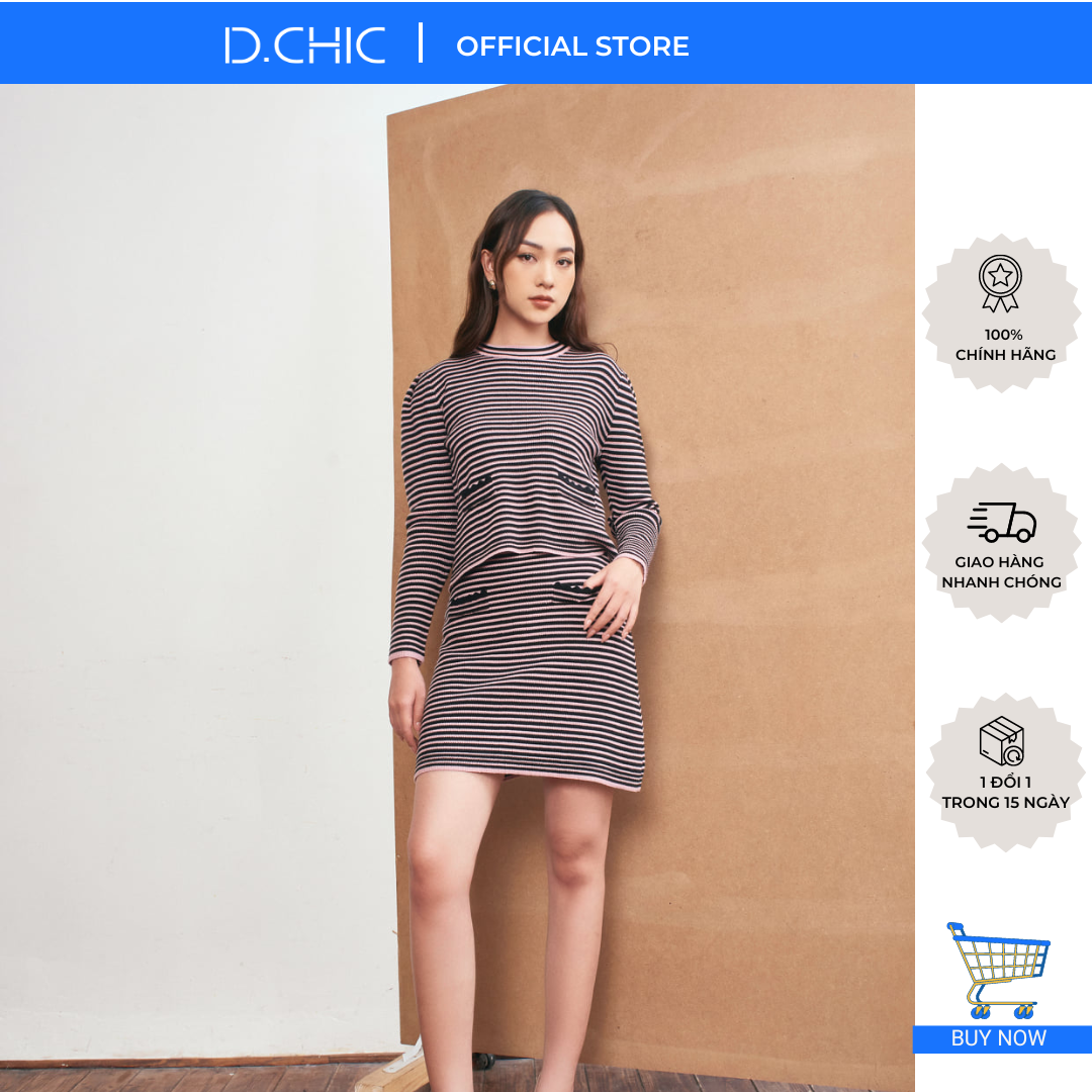 D.CHIC Chân váy len lông thỏ kẻ ngang túi MS: 388015