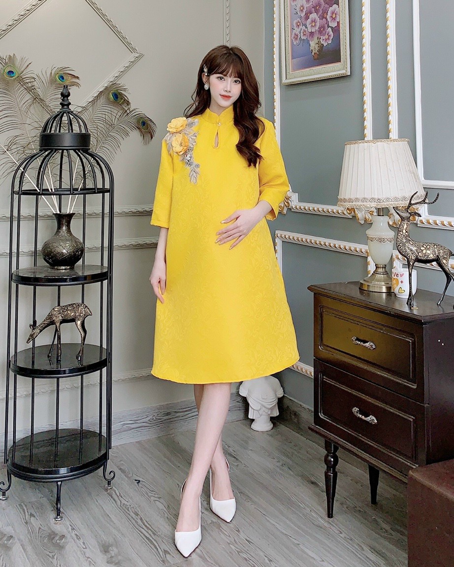 Áo dài cách tân váy bầu diện tết đầm bầu đẹp