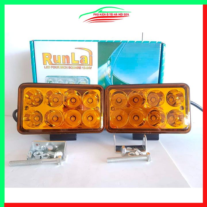 Bộ 2 đèn trợ sáng RUNLAI 8 bóng cao cấp 12-24VDC 24W ánh sáng trắng/vàng lắp đèn ô tô