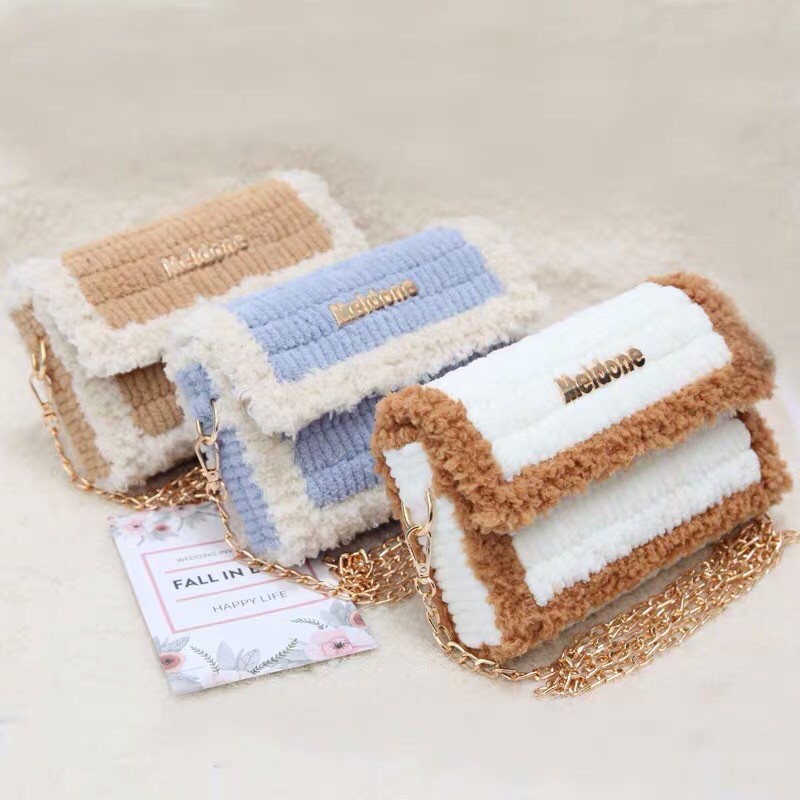 Túi xách handmade tự đan, túi xách đeo chéo len xù mác meidone )