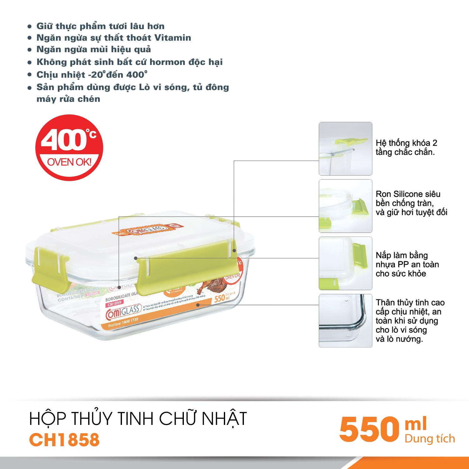Hộp đựng thực phẩm thủy tinh COMET - CH1858 550ml