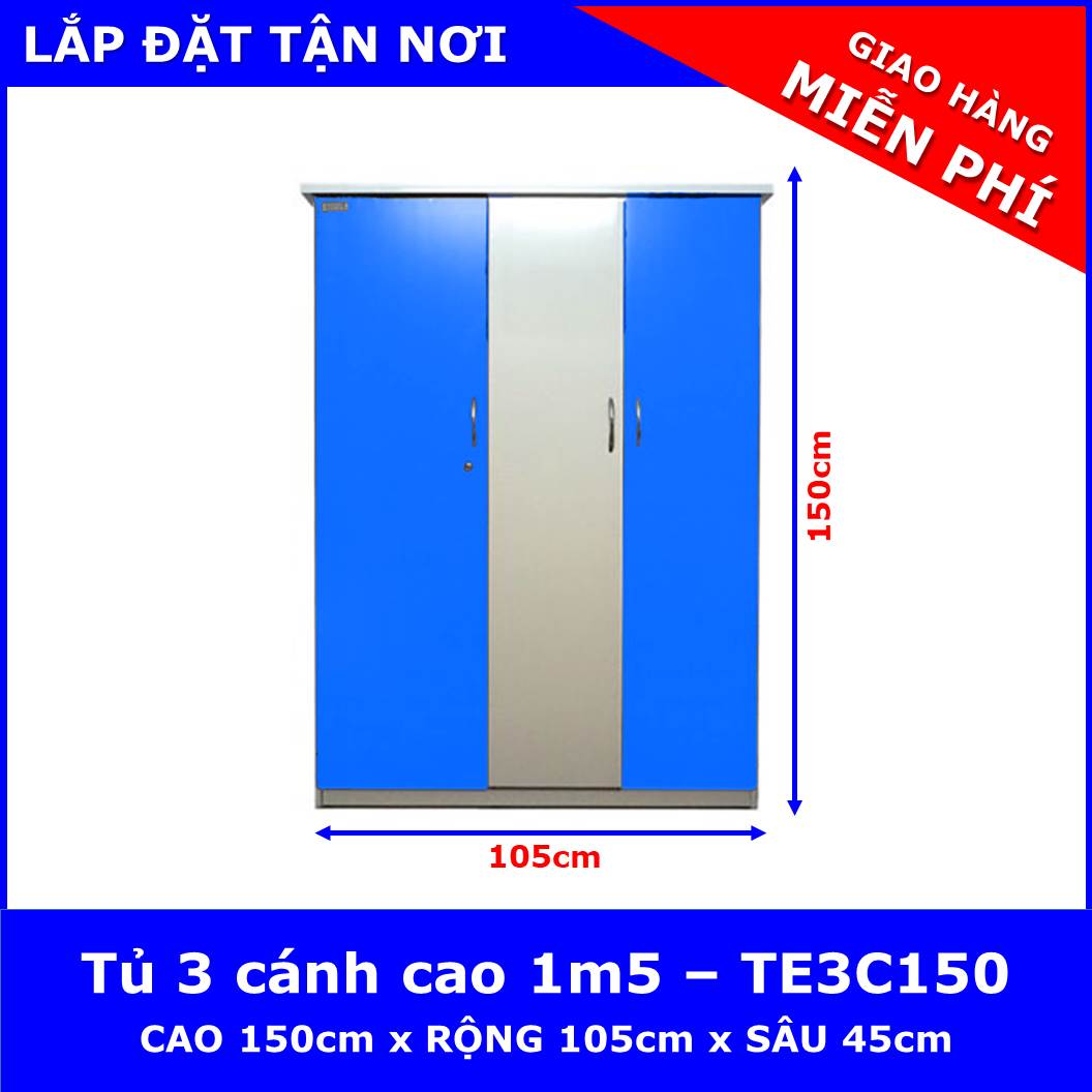 Tủ nhựa người lớn / trẻ em 3 cánh cao 1m5 - TE3C150 ( 105cm x 45cm x 150cm ) - chất liệu nhựa Đài Loan 2 lớp cao cấp - KHÔNG CONG VÊNH - KHÔNG MỐI MỌT - KHÔNG ẨM MỐC AN TOÀN KHI SỬ DỤNG