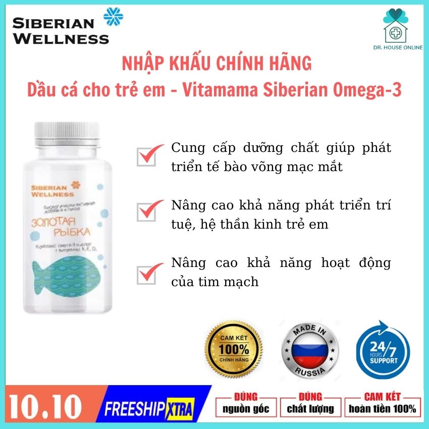 Dầu cá cho trẻ em – Bổ sung Omega 3 và vitamin, hỗ trợ sự phát triển của não bộ và tốt cho mắt - VitaMama OMEGA 3 Softgels Nâng cao khả năng phát triển trí tuệ & hệ thần kinh trẻ em - Dạng viên mềm hình con cá dễ uống - Dr.House Online SB039