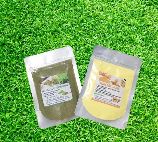 Combo t.r.i mụn tinh bột nghệ 100g + trà xanh 100g