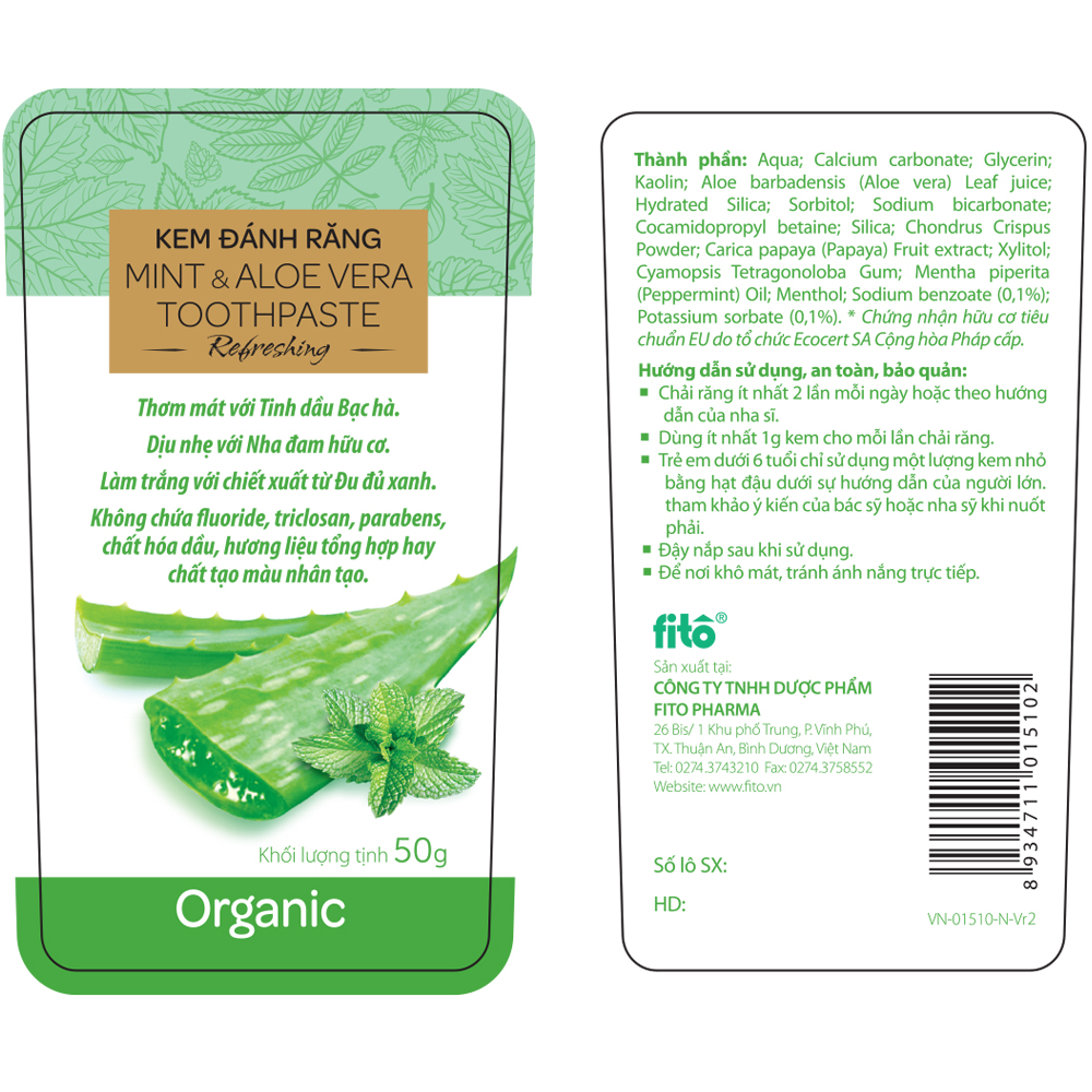 Kem đánh răng Mint & Aloe Vera, 50gr ( Mint&Aloe Vera Toothpaste 50gr)