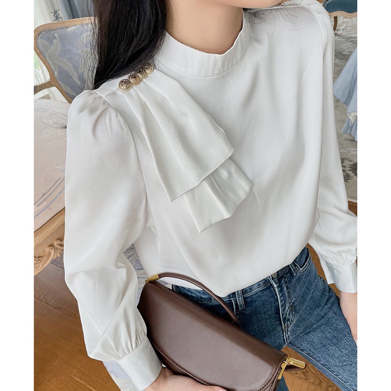 Áo sơ mi lụa vai đính nơ cúc ngọc cổ cao 3cm - áo sơ mi công sở nữ 119