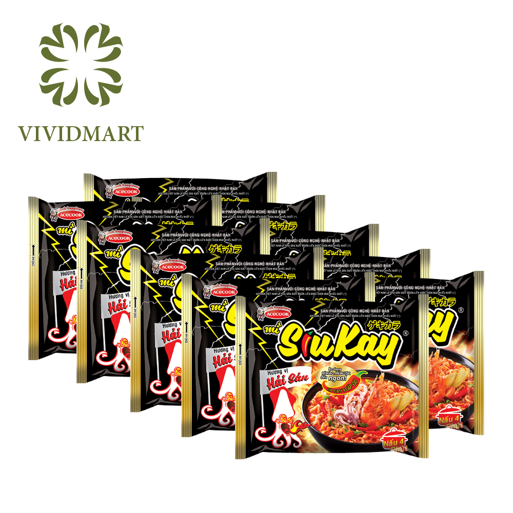 [SET of 10 Packages / 1 Flavor] - Acecook - Siukay Spicy Instant Noodles. Comes in 4 flavors: Spicy Seafood, Spicy Chicken with Cheese, Spicy Beef, and Stir-Fried Pho Noodle with Spicy Seafood Flavor. Each package weighs between 85g to 129g.