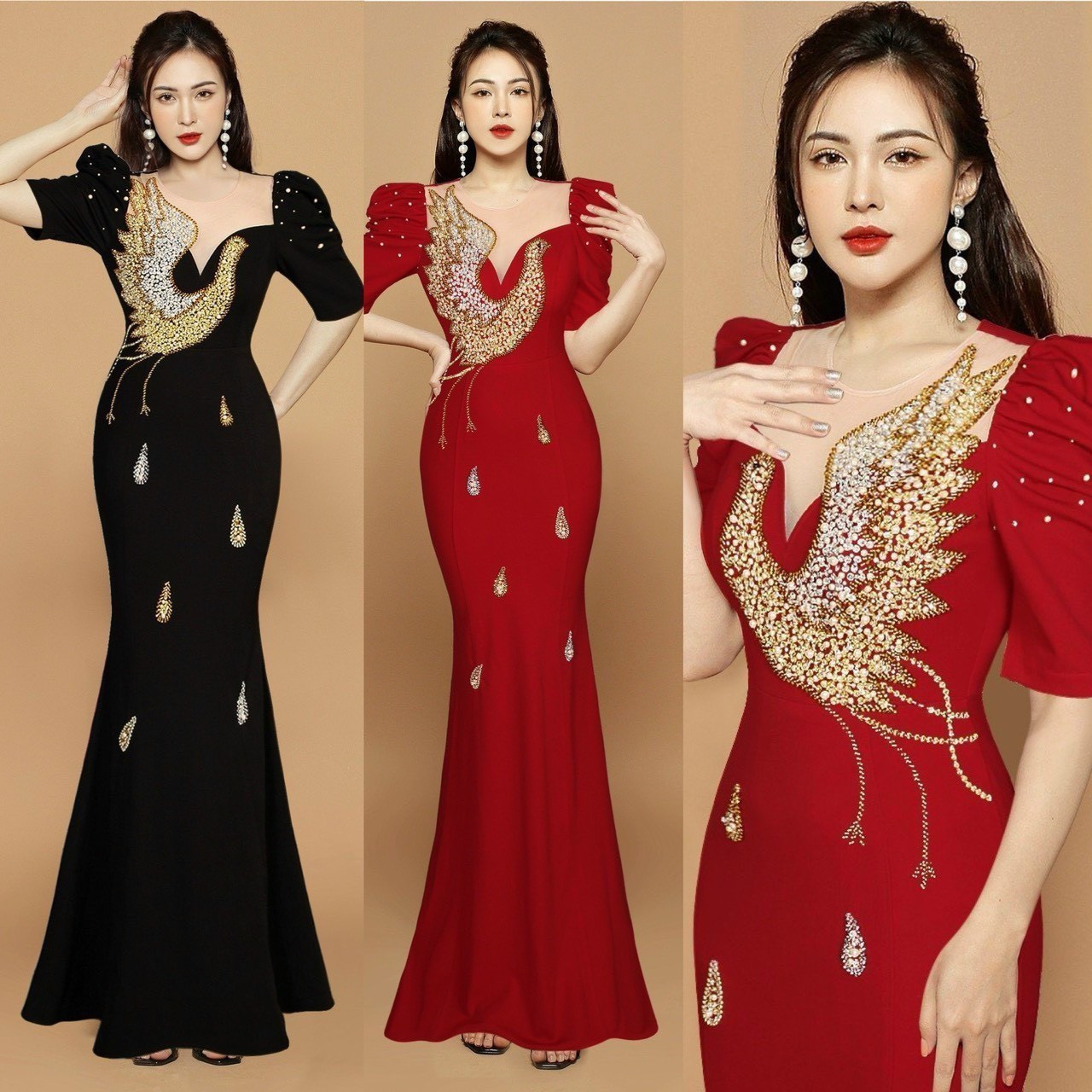 Đầm maxi dạ hội tripble t dress tay ngắn phồng kết cườm công - size s/m/l -ms250y