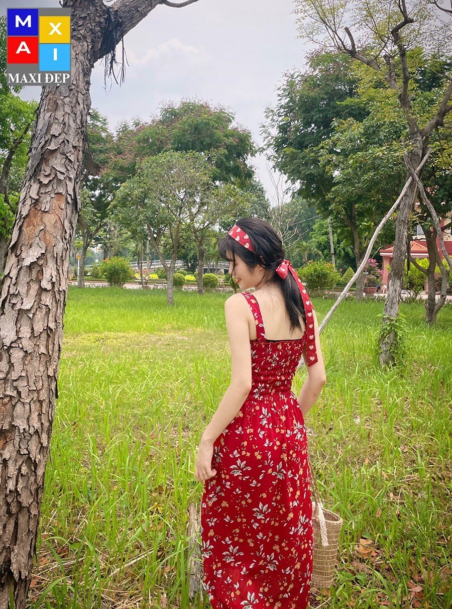 Đầm 2 Dây Hoa Đỏ Maxi Đẹp Hottrend Freesize Cho Nàng