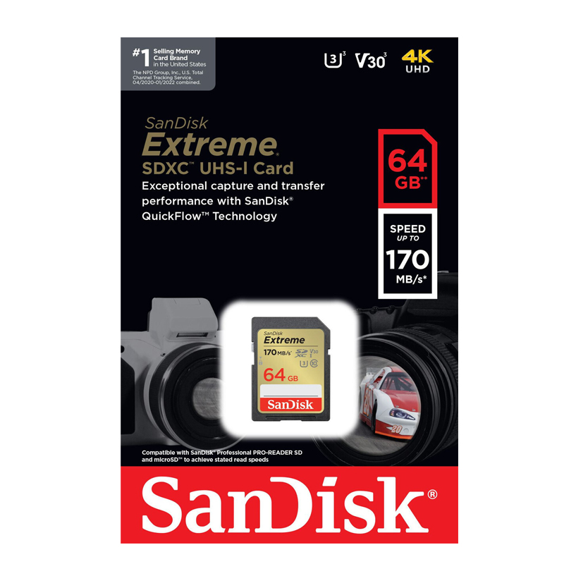 SanDisk Extreme 64GB V30 UHS-I U3 4K 170mbs camera SDXC memory card-new model 2023 (gold) Nhat tin authorized store