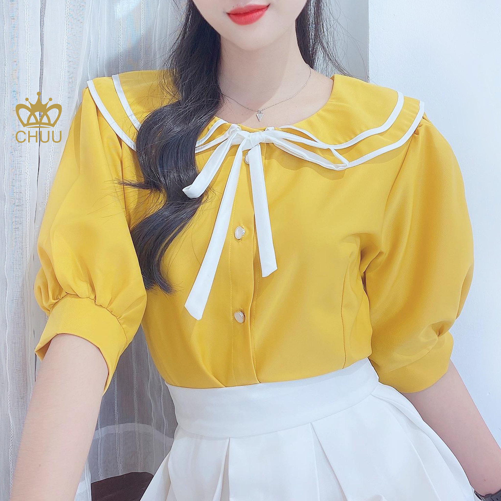 Áo sơ mi công sở nữ kiểu cổ sen 2 tầng cột nơ CHUU A6747