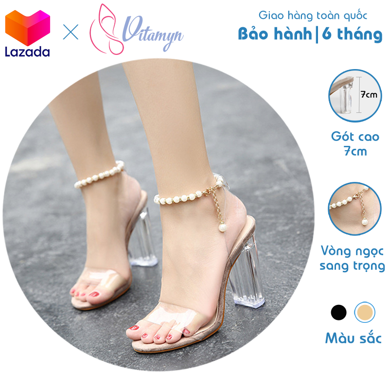 [HCM]Giày Sandal Cao Gót 9cm Quai Ngang Gót Trụ Trong Suốt dây cài vòng ngọc thời trang da simili chông nước