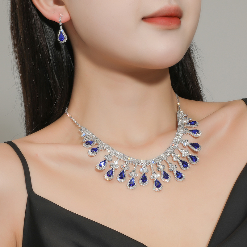 Màu xanh đỏ pha lê âu mỹ bán chạy bộ vòng cổ cô dâu thời trang cao cấp màu sắc pha lê vòng cổ bông tai bộ hai mảnh